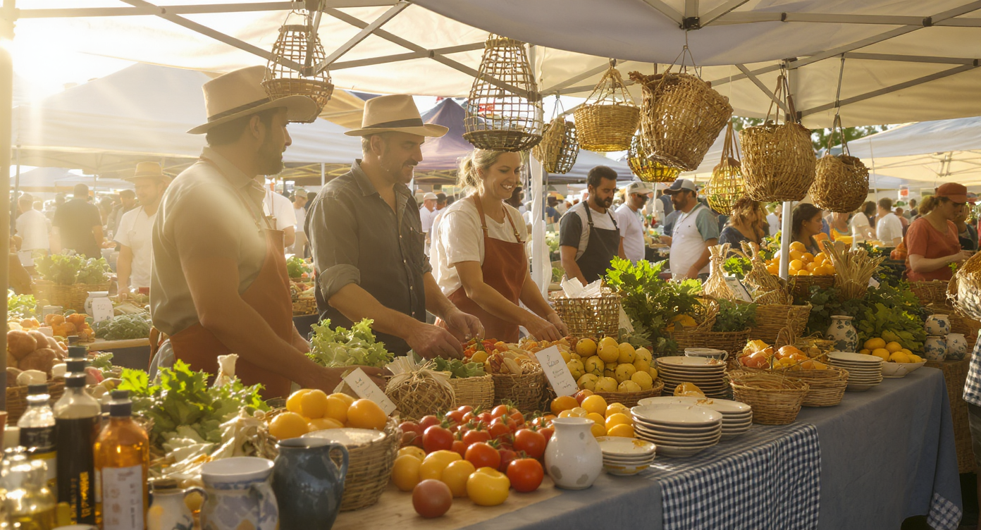 Distributeur de produits locaux avec producteurs et clients satisfaits